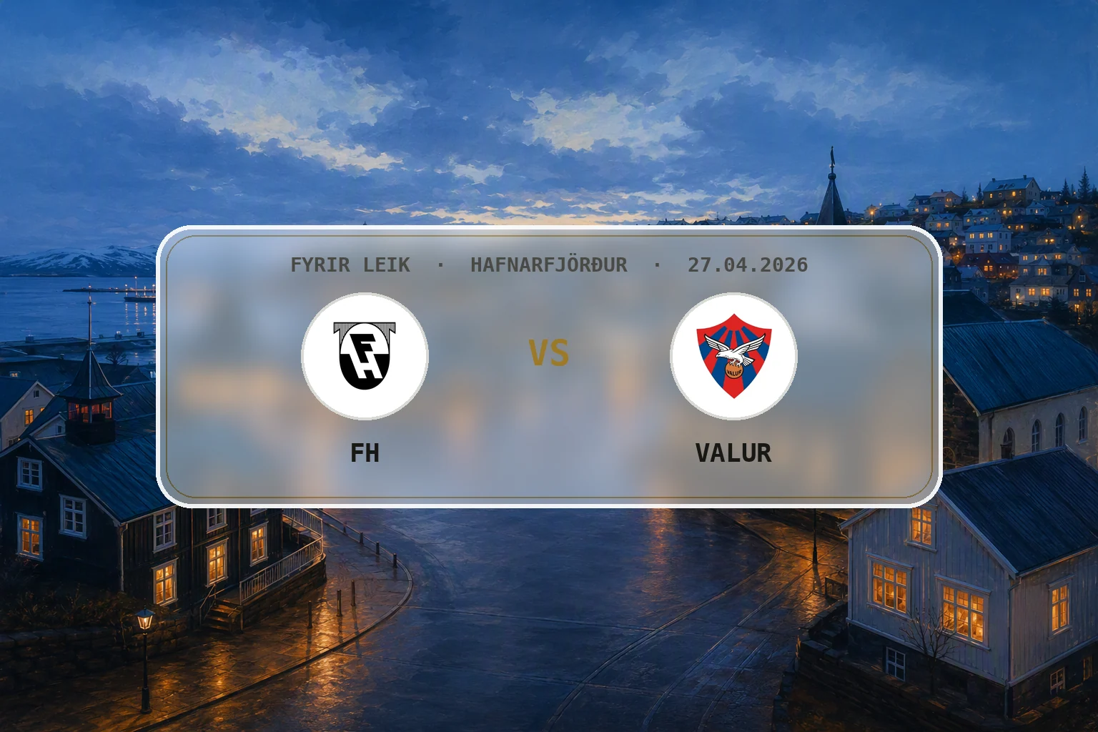 Kvöldsýn yfir höfnina og bæjarlandslag Hafnarfjarðar fyrir úrslitaleik FH og Vals.