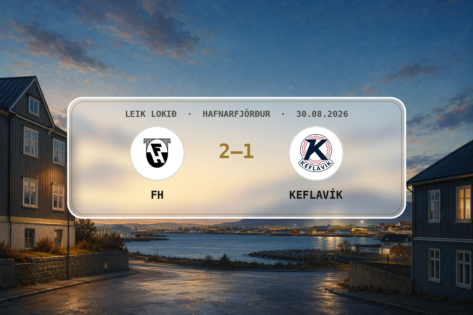 Hlý kvöldbirta yfir umhverfi Kaplakrika í Hafnarfirði eftir sigur FH.