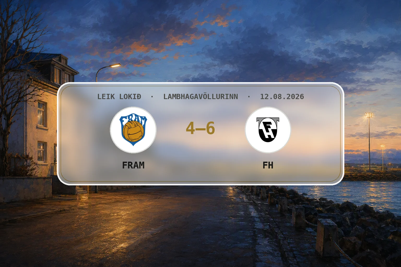 Hlý kvöldbirta yfir rólegu umhverfi Lambhagavallar eftir leik.