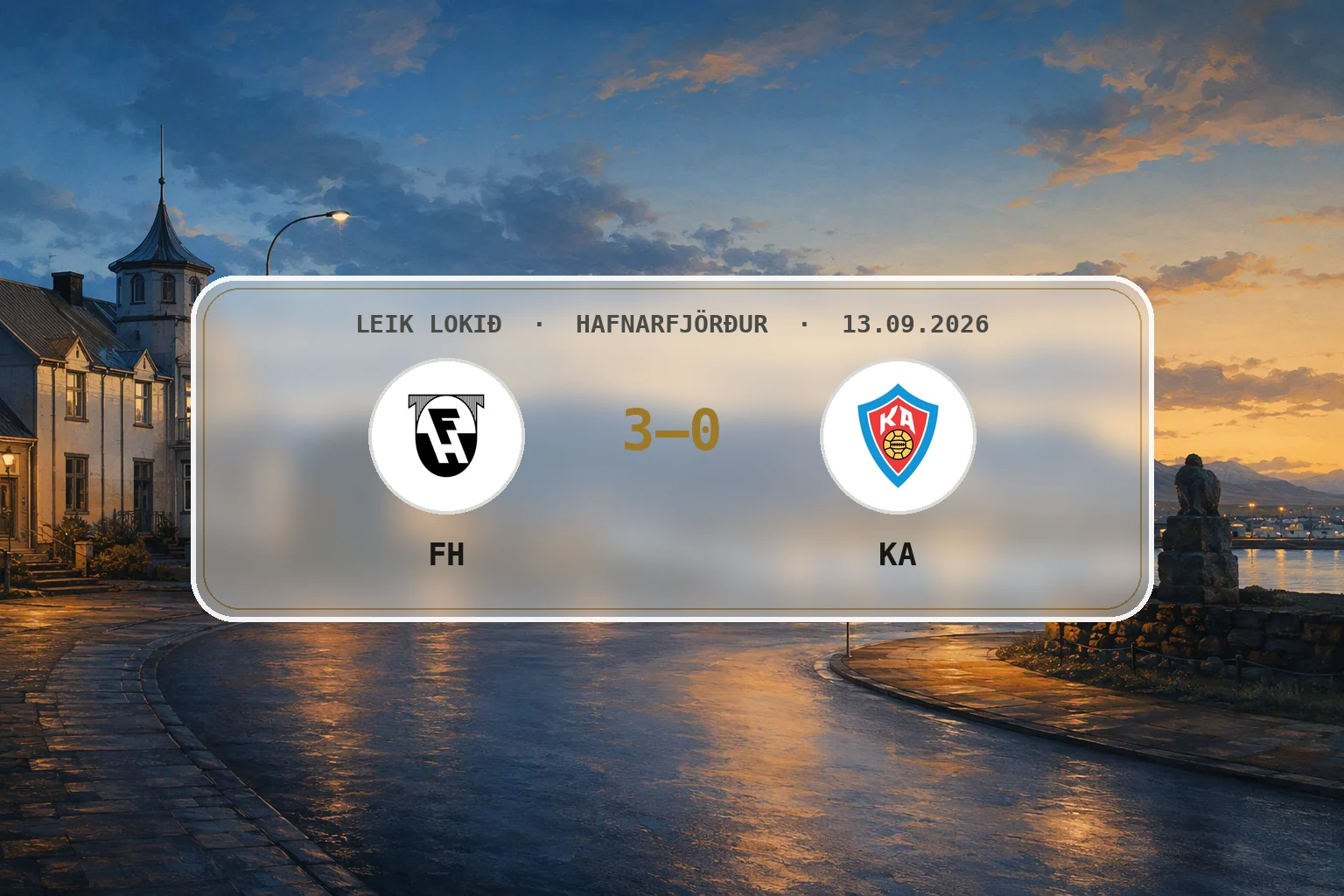 Hlý kvöldbirta yfir umhverfi Kaplakrika og Hafnarfirði eftir sigur FH.