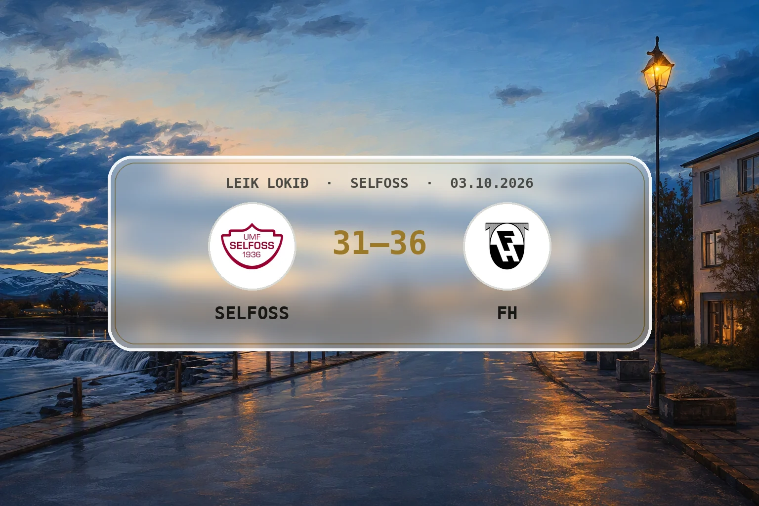 Selfoss og Ölfusá í hlýrri kvöldbirtu eftir sigur FH.